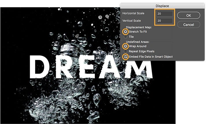 Select text layer and choose Filter, distort, displace and adjust settings to create distorted text