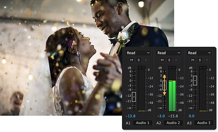 A photo of a newlywed couple dancing together with an audio metre superimposed over it