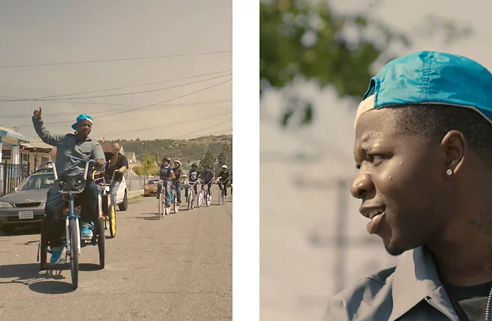 Two photos: A photo of a person leading a group of people on bikes through a neighbourhood next to a closeup photo of the leader's side profile