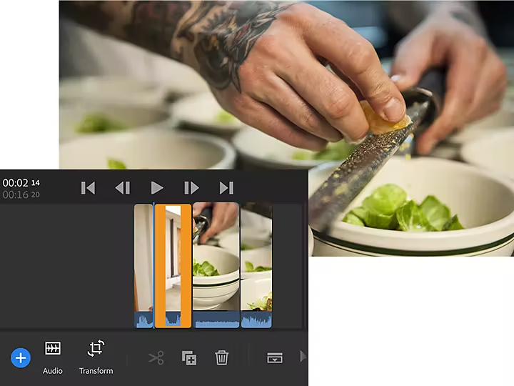 The Adobe Premiere Rush timeline window superimposed over an image of someone grating something into a bowl