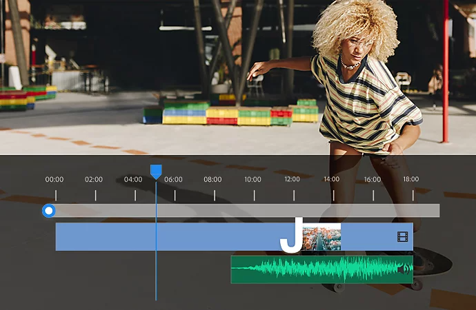 A J cut editing technique applied to a video and audio timeline superimposed over an image of a person skateboarding