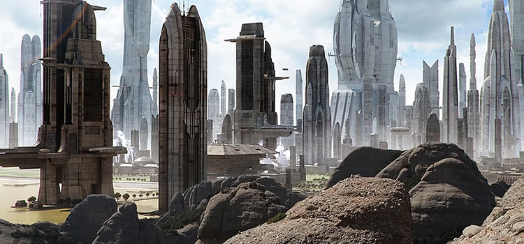 Matte painting représentant un paysage futuriste surréaliste avec des rochers et des gratte-ciel