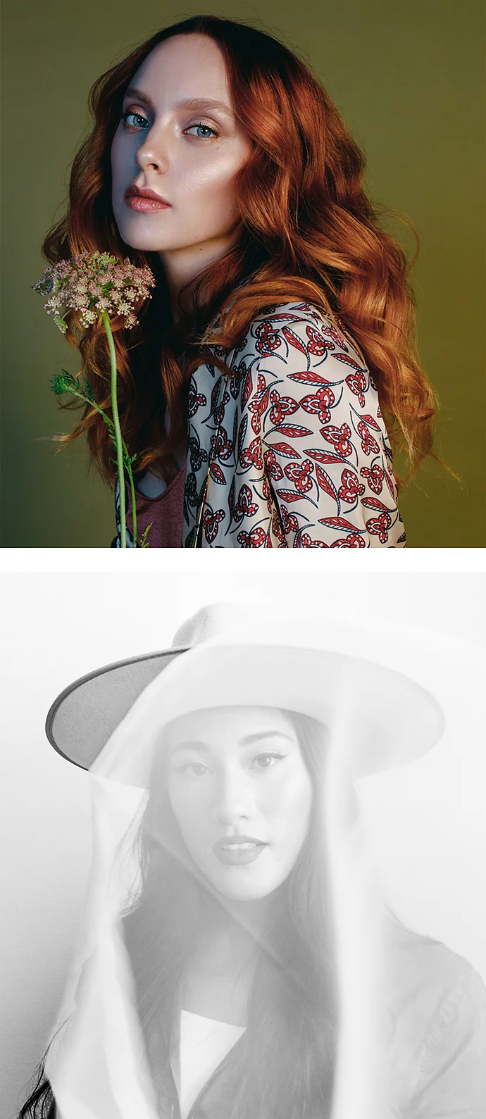 Photo of a model posing with a flower stacked on top of a black-and-white photo of a model posing for a glamour photo.