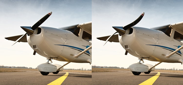 Image de l’hélice d’un avion avec l’effet rolling shutter à côté d’une même image sans l’effet