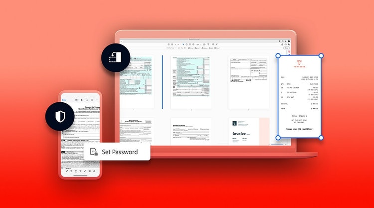 A graphic of adding a password to a document on a mobile phone and laptop computer