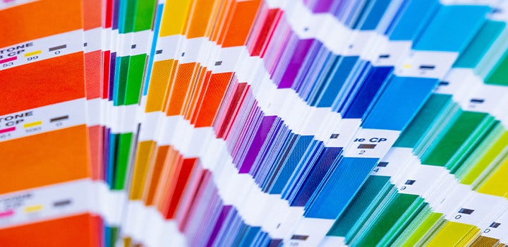 Close-up photo of Pantone color samples.