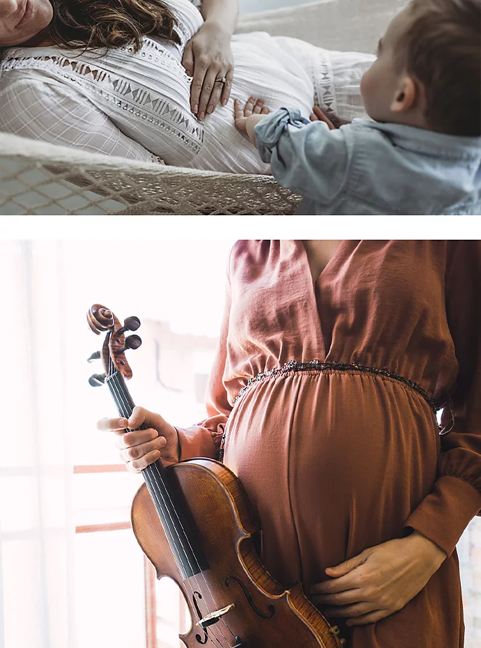 Two photos stacked on each other of pregnant parents posing for maternity photos