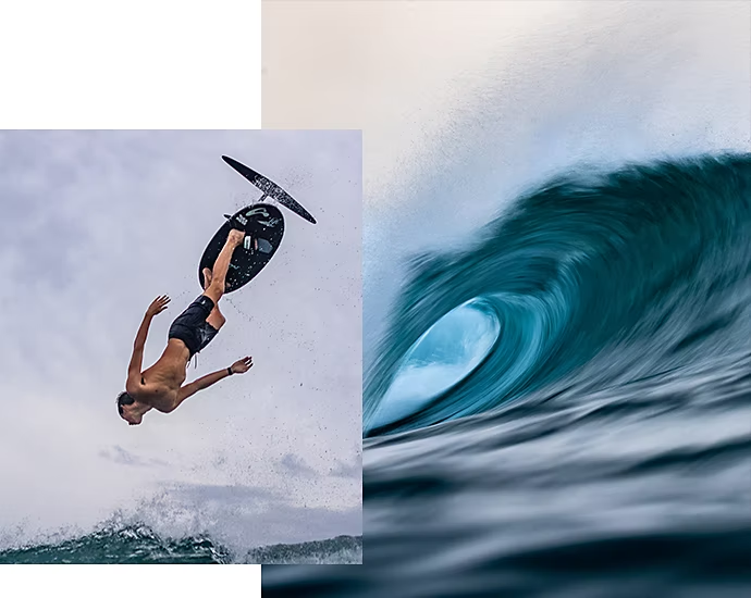 A photo of a surfboarder flying through the air superimposed over a photo of an ocean wave