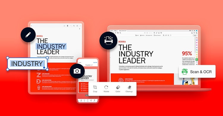 Características del OCR con Adobe Acrobat en la pantalla de un teléfono celular, una tablet y una computadora de escritorio