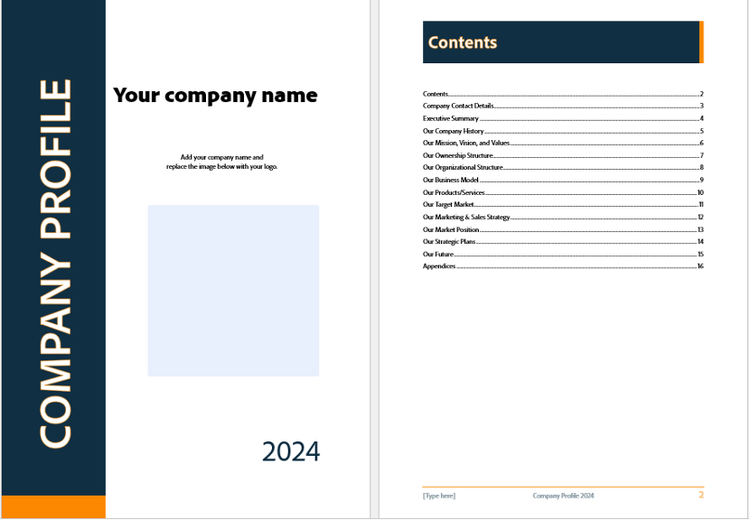 Screenshot of title page and contents page from the free company profile PDF template.