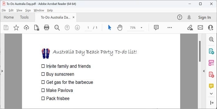 Screenshot showing a sample to-do list for an Australia Day Beach Party open in Adobe Acrobat Reader.