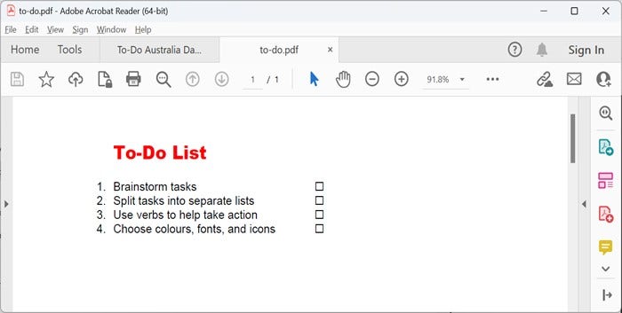 A screenshot showing a to-do list sample with the numbered tasks open in Adobe Acrobat Reader.