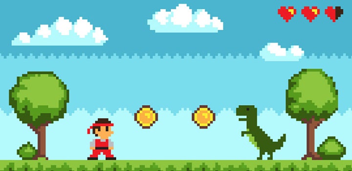 Permainan video grafik bit retro yang menunjukkan dinosaur dan watak.