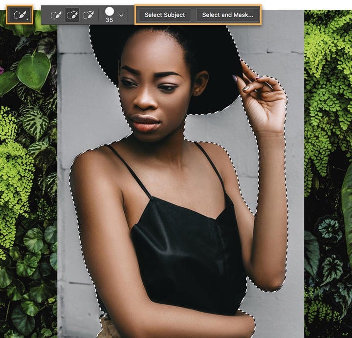 Use Quick Selection tool to select model, choose Select Subject and Select and Mask in Adobe Photoshop