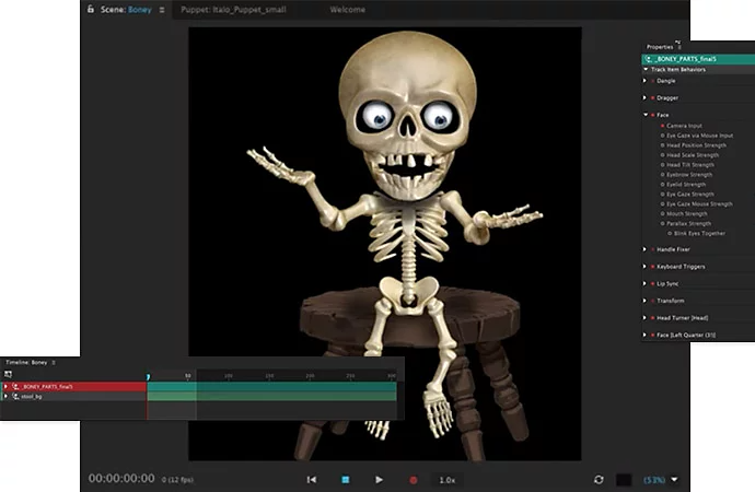 Skeleton cartoon character being animated in Adobe Character Animator