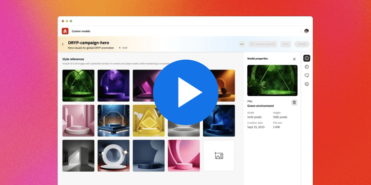 https://main--cc--adobecom.hlx.page/cc-shared/fragments/modals/videos/business/enterprise/uc2#uc2 | A video thumbnail image showing the Adobe Express UI. The canvas shows an image of an orange Dryp energy drink bottle on a background with multi-coloured bokeh effects and the words "Grab. Drink. Go." To the right of the canvas is a window with a folder labelled Dryp International Campaign that displays the same image in different sizes. | :play: