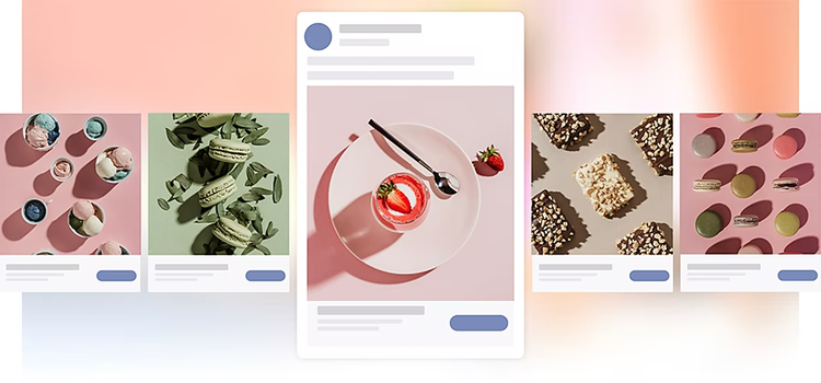 An image carousel of different Facebook ad designs in front of a colourful background