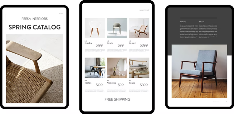 Three tablet devices with different catalogue designs on them