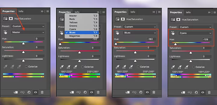 Side by side comparison of four color properties being adjusted