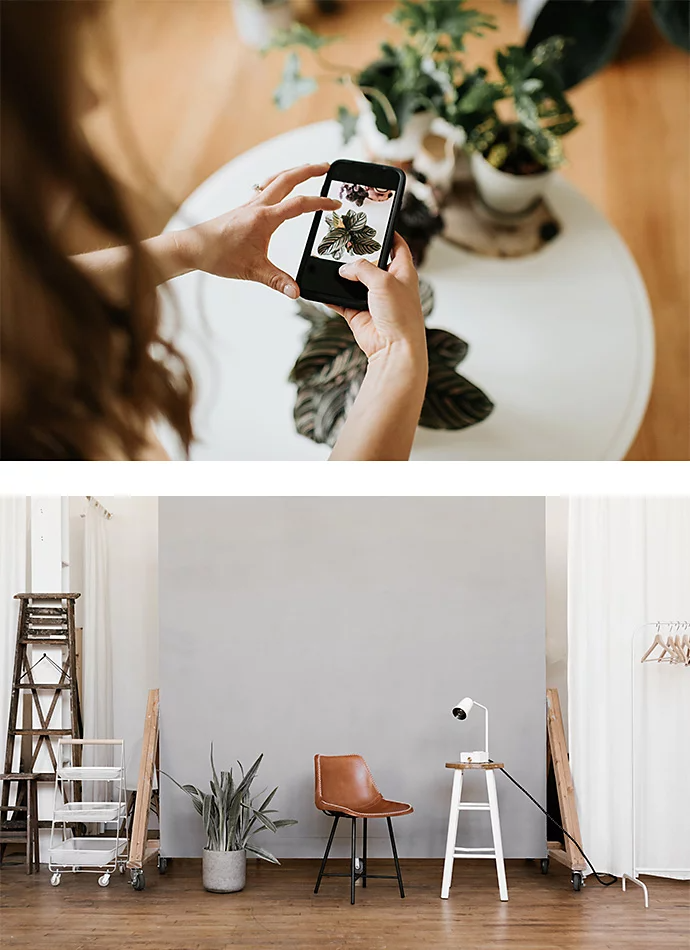 Two stacked photos: A shot of a photographer using their phone to take a photo of a plant on top of a shot of an assortment of photoshoot props (chairs, plants, ladders)