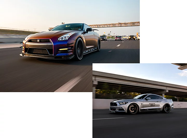 A photo of the side view of a sports car driving down a roadway superimposed over a photo of a sports car driving down a highway