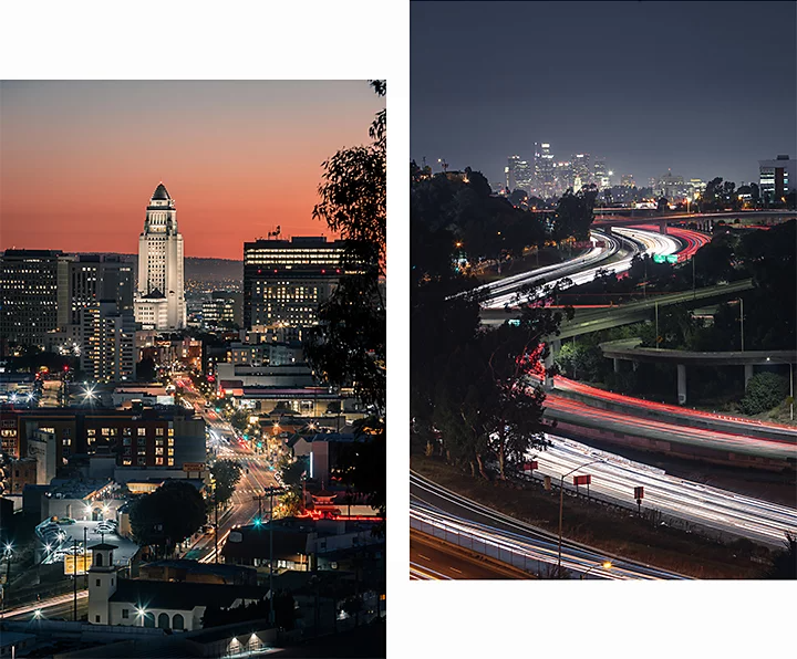 Two images side by side: One of a cityscape at night and the other of a highway leading to a city