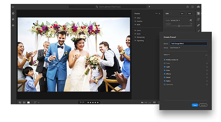 Editing a wedding photo of a groom and bride in Adobe Photoshop Lightroom