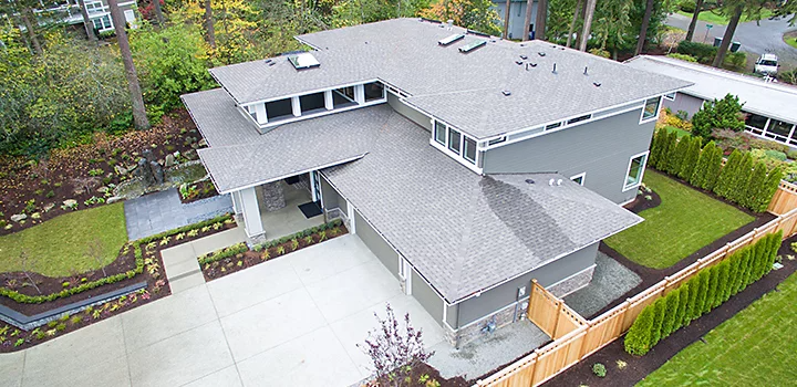 An aerial exterior photo of a home.