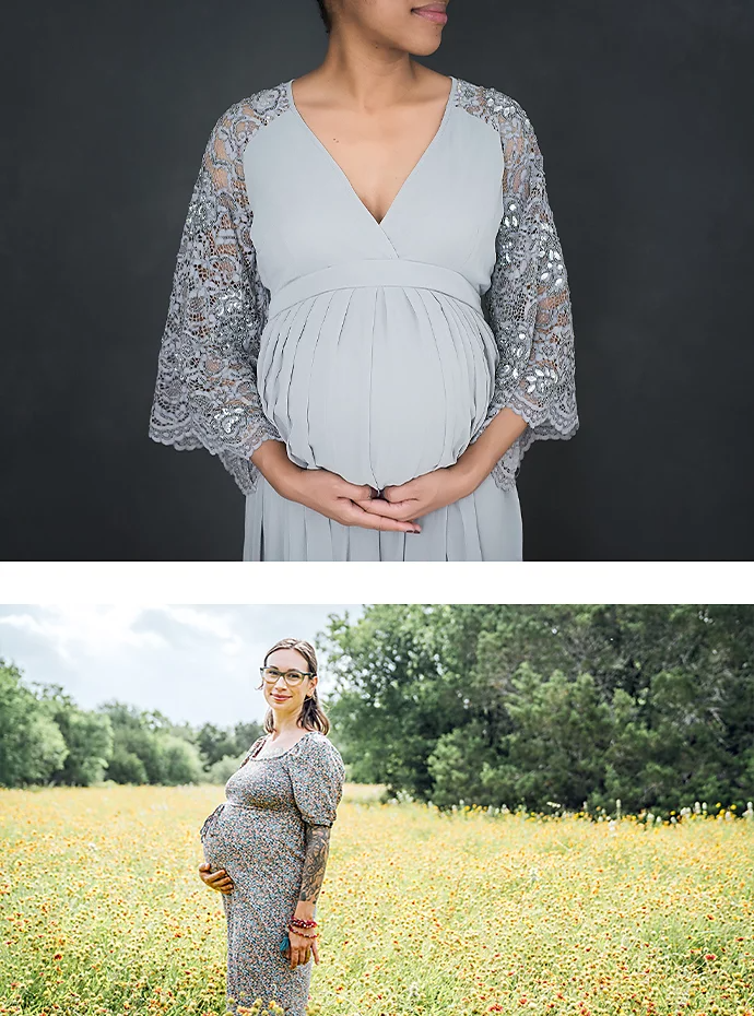 Two photos stacked on each other of pregnant parents posing for maternity photos