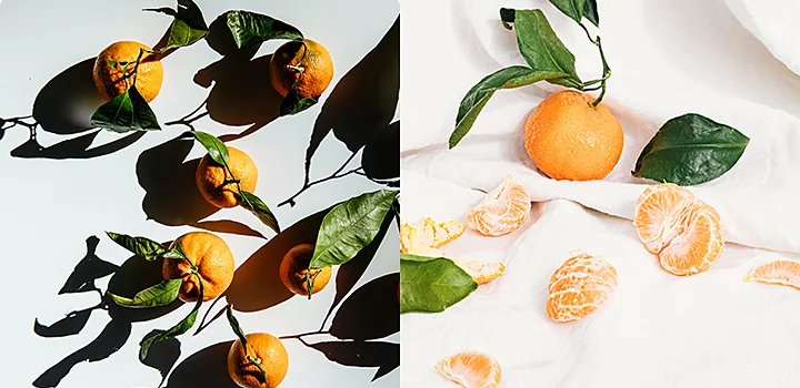 Two photos of multiple oranges, one taken with diffused lighting and another without diffused lighting