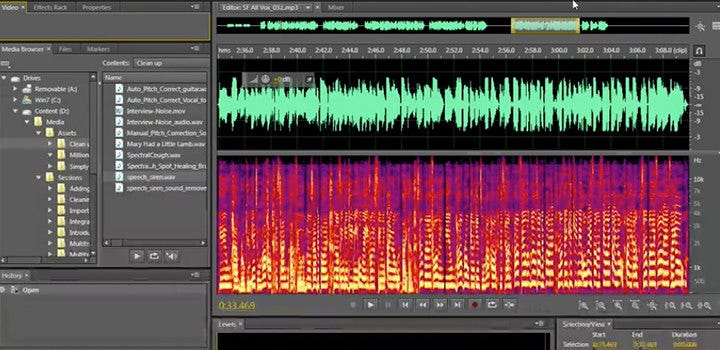 Scherm van audio-mixingsoftware met meerdere geluidsgolffrequenties.