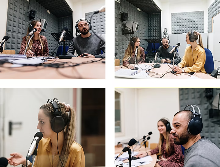 Collage van vier verschillende afbeeldingen van mensen die samen aan een tafel in een opnamestudio een podcast opnemen