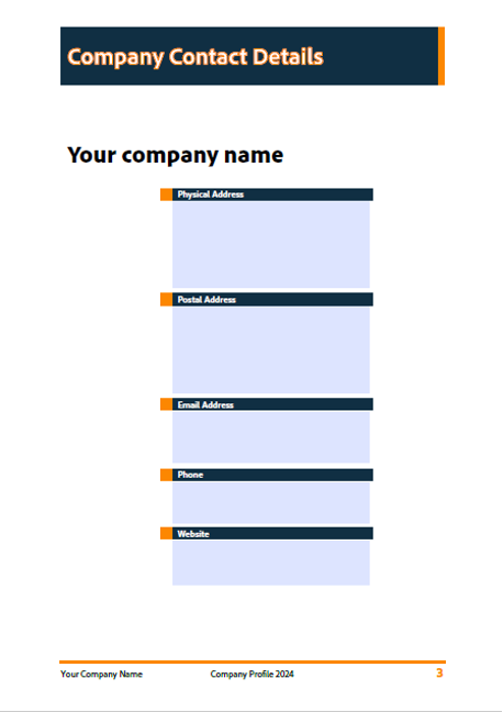 Screenshot of the company contact details page in the free company profile template PDF.