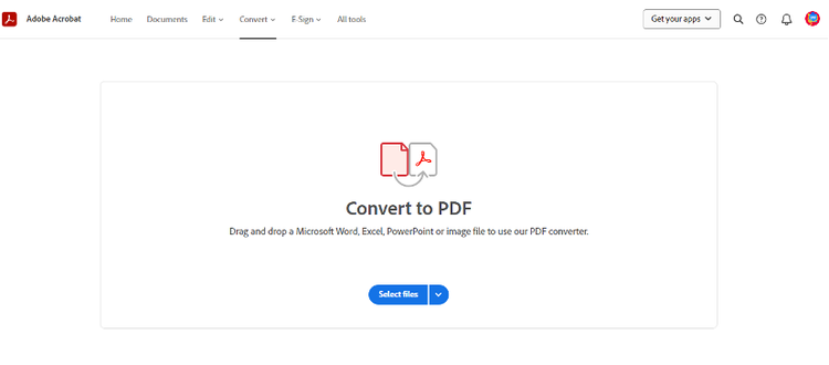 Screenshot from Adobe Acrobat online to convert files to PDF on the web.