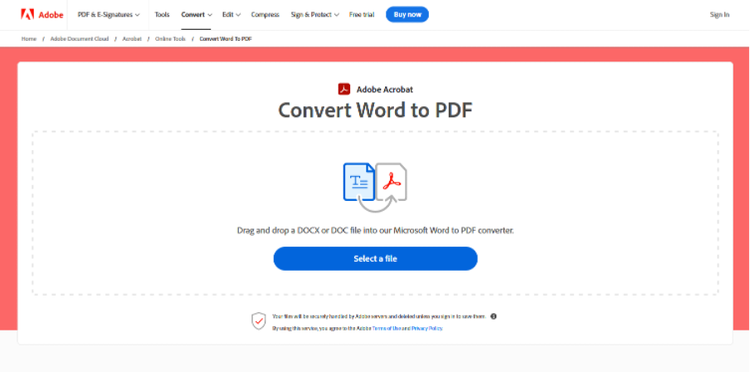 Screenshot from Adobe Acrobat online showing the screen to convert a Word document to PDF.