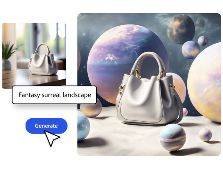 A grey handbag composited into a scene with pastel-coloured planets. Beside it are the original image of the handbag on a tabletop, a text prompt bar with the words “Fantasy surreal landscape” and a button with the word “Generate.”