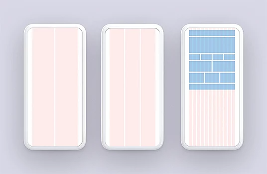 Three mobile phones side by side showing various grid and block placements