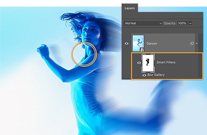 Paint with Brush tool on Smart Filters on the dancer to bring parts of the model into focus.