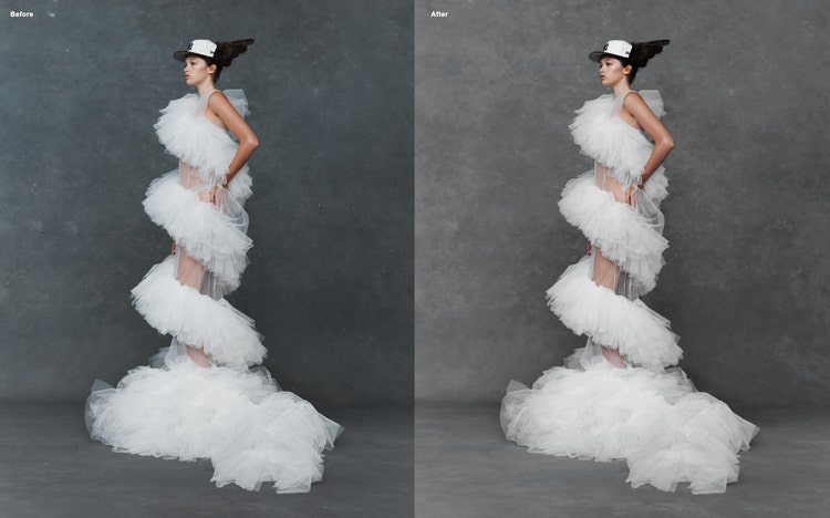 Before and after comparison of fashion photography image edited using Adobe Photoshop Lightroom