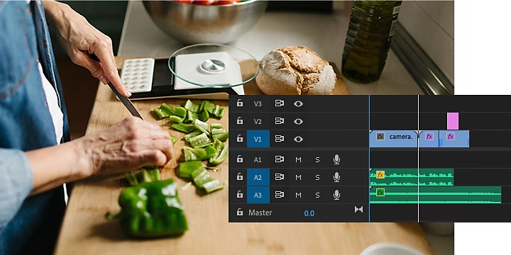 The Adobe Premiere Pro timeline window superimposed over an image of someone cutting up a green pepper