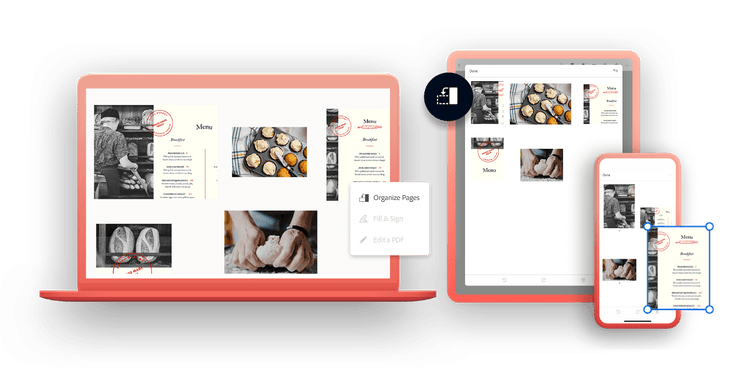 A desktop, tablet, and mobile device show the same PDF, with pop ups showing the Acrobat Organize Pages tool selected