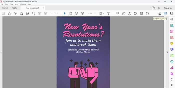 Screenshot of an Adobe Express Template for a New Year Party open in Acrobat Reader highlighting how to send the file by email.