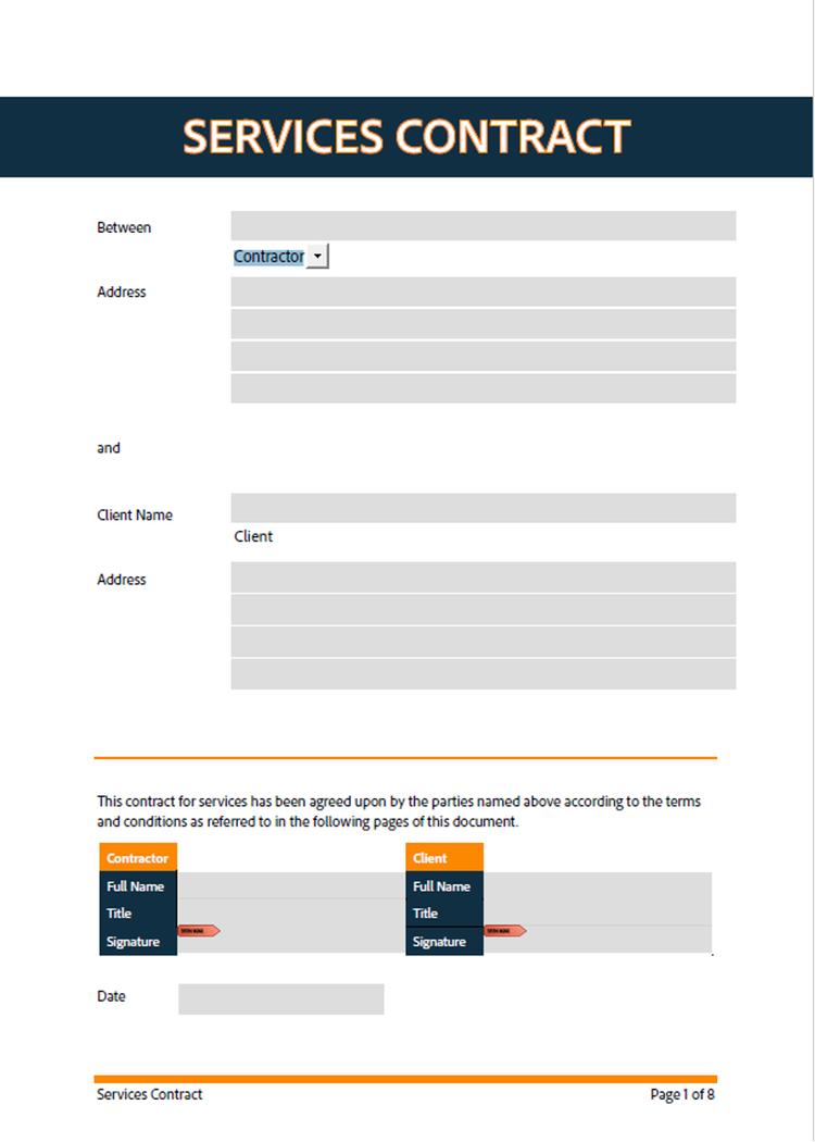 Screenshot of free downloadable services contract PDF template to customize in Adobe Acrobat.