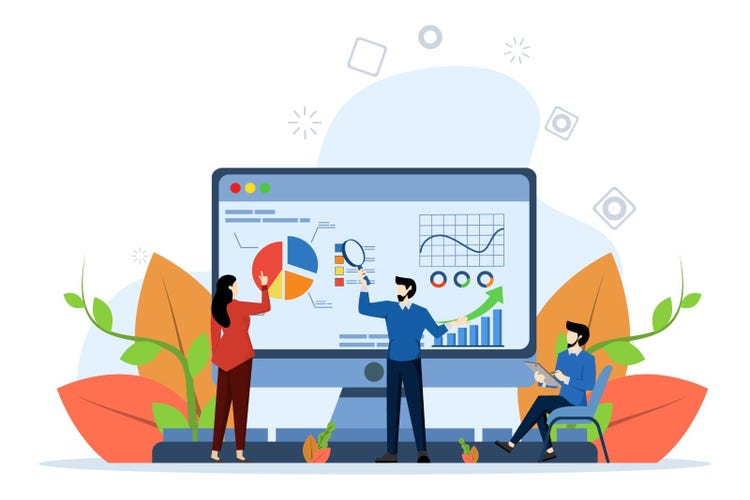 Illustration of a team reviewing data and graphs on a computer screen.