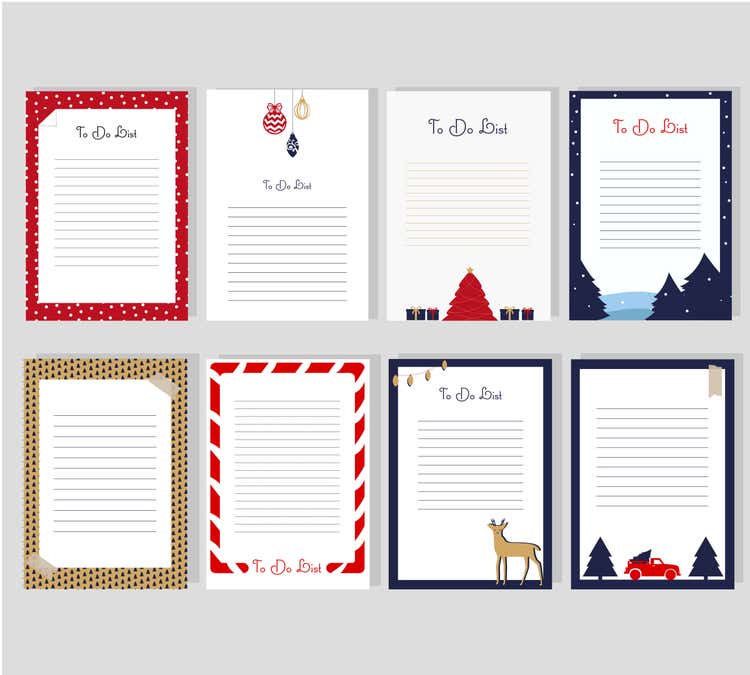 Series of six to-do lists with Christmas themed borders and images.