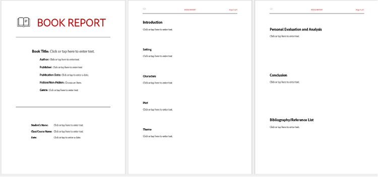 Screenshot of the pages in a free book report template PDF.