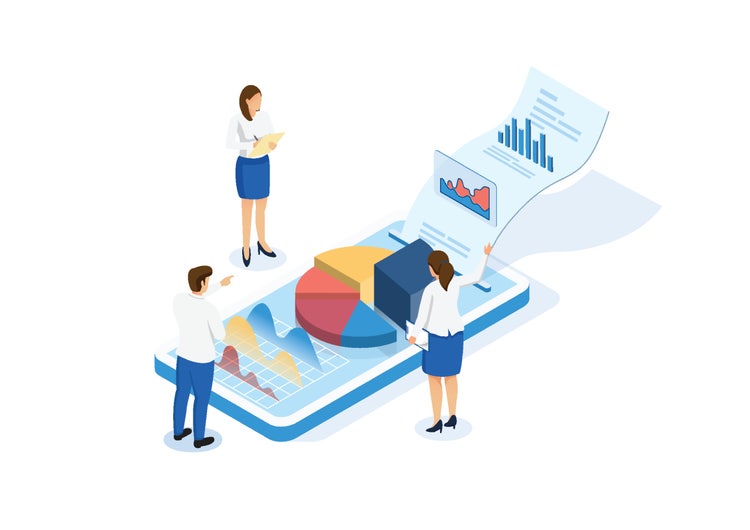 Illustration depicting a team reviewing sales and marketing results and graphs on a tablet or mobile phone.