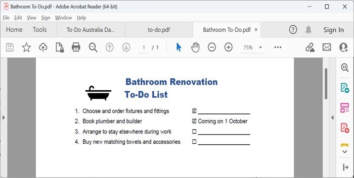 A screenshot of a sample Bathroom Renovation to-do list updated with tasks completed and the date for the plumber and builder.