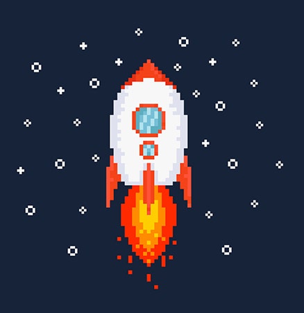 Rocket ship and stars illustration in pixel art style.