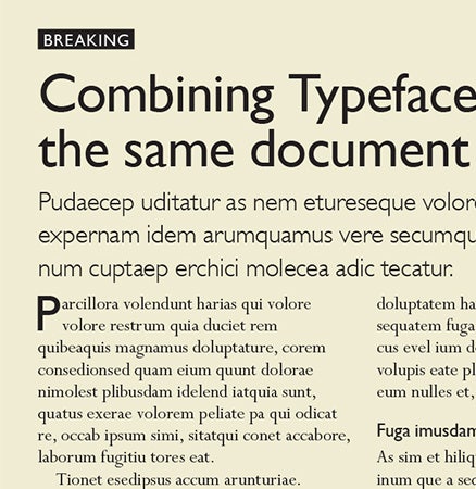 Mockup ng artikulo ng balita na gumagamit ng mga sans serif font para sa mga heading at mga serif font para sa body copy.